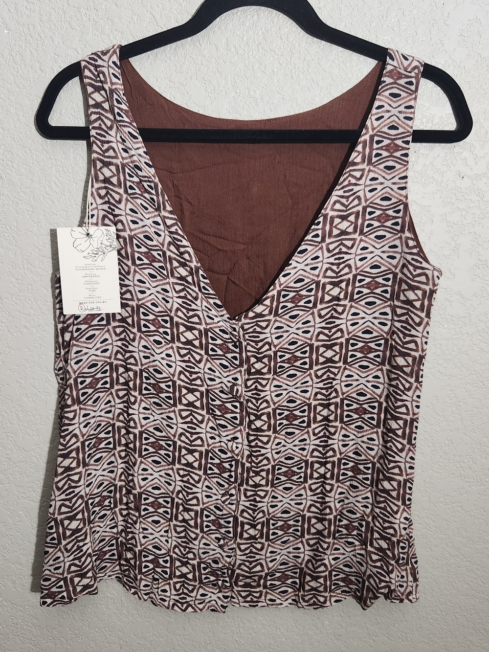 Noonday Collection Brown and Cream Geometric Button-Front Sleeveless Top